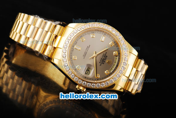 Rolex Day Date II Automatic Movement Full Gold with Diamond Bezel-Grey Dial and Diamond Markers - Click Image to Close